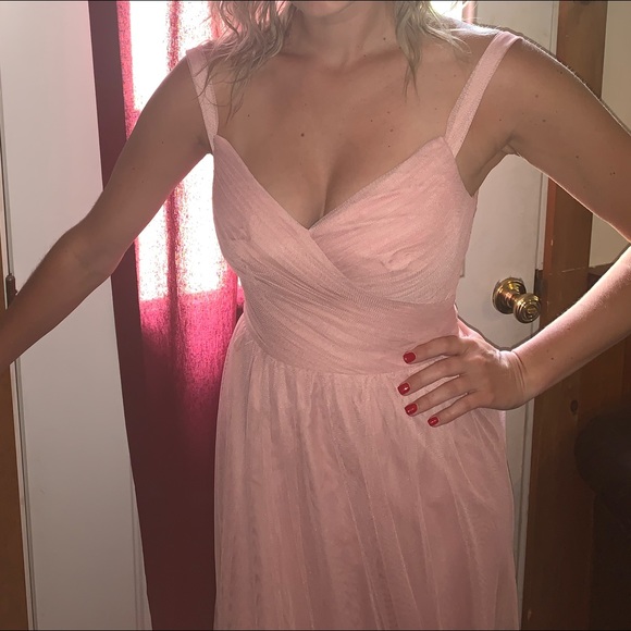 David’s bridal off the shoulder pleaded soft net dress, size 6, color ballet - Picture 2 of 2